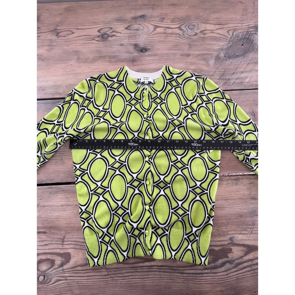 Crown & Ivy Cardigan Sweater Womens M Lime Green Print Lightweight - Picture 5 of 7